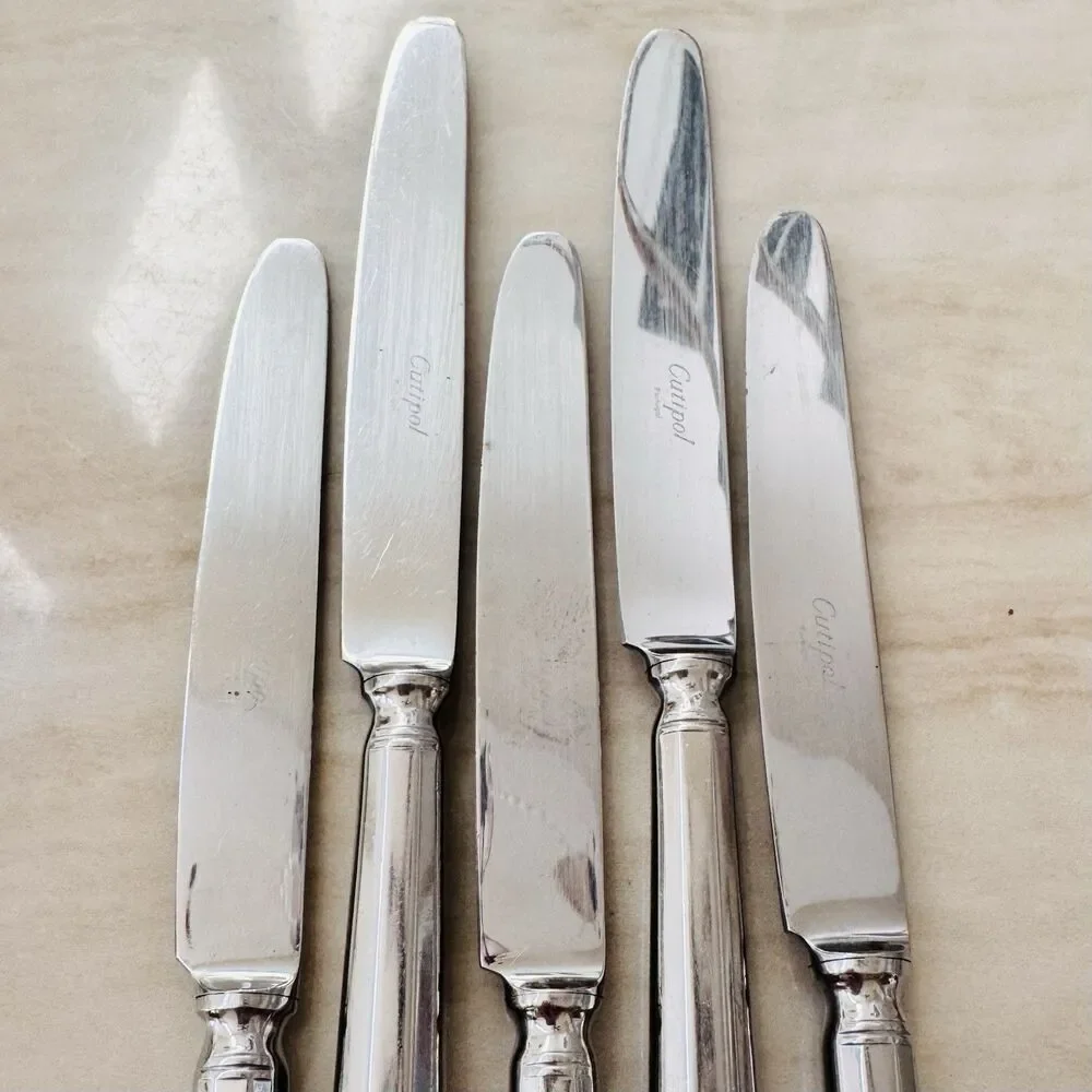 5pc Vintage Cutipol Portugal Dinner Knife 9”Round Hollow Handle Stainless Glossy